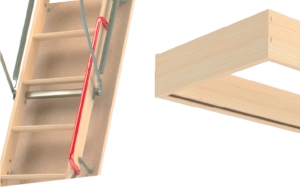  Wooden ladder with a red line, equipped with a weather seal gasket and handrail for enhanced safety and insulation.