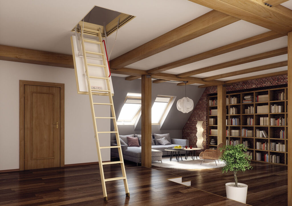 A room featuring a Fakro attic ladder leading to a spacious loft above, showcasing a blend of functionality and design.